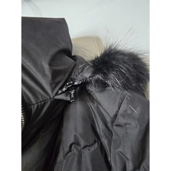 NWT Kimi + Kai Womens Black Faux Fur Trim Hooded Quilted Down Long Jacket Size S